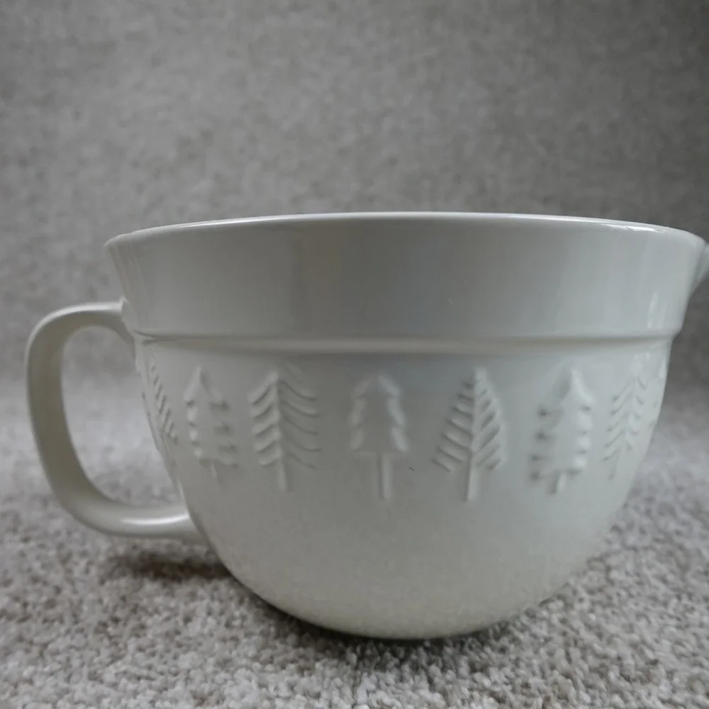 The Bake Shop Cream Ceramic Mixing Bowl Embossed Pine Trees Pour Spout Handle